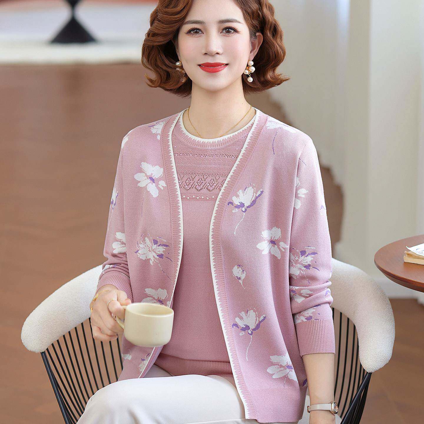 中年妈妈春装针织两件式上衣2026新款中老年女装春秋开衫打底套装