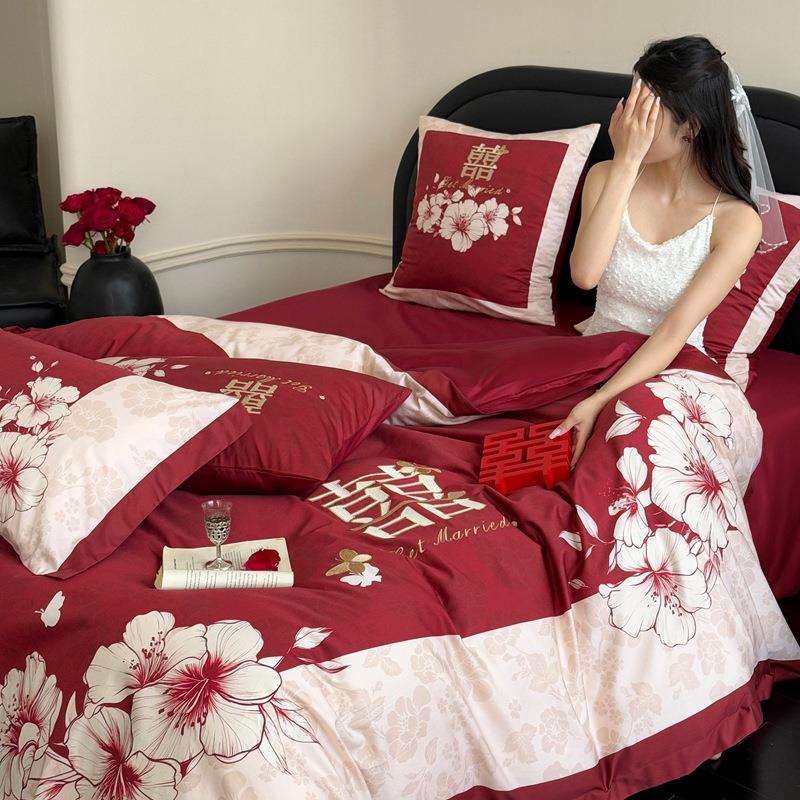 轻奢高端风新款100长绒棉纯棉数码印花刺绣婚庆结婚四件套-相思意