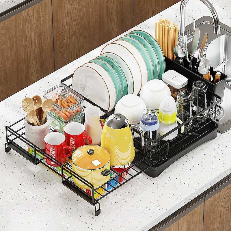 厨房餐具一体沥水架家用碗架筷子可抽拉收纳架可伸缩放餐具置物架