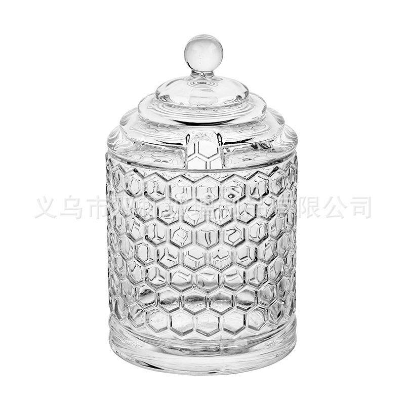 欧式简约格子款玻璃调味罐 糖果罐 砂糖储物盒厨房用品浮雕蜂蜜罐