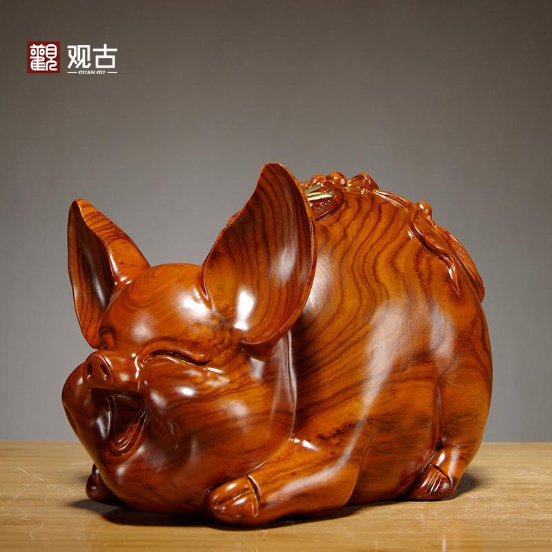 花梨木雕刻可爱笑脸猪十二生肖猪家居客厅电视柜装饰摆件开业送礼