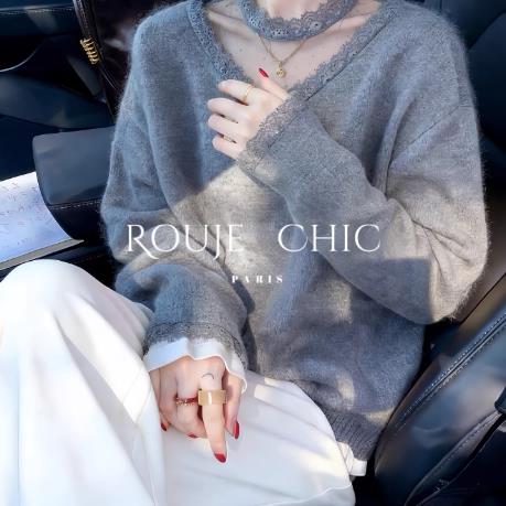 法国rouje chic法式灰色挂脖拼接蕾丝针织衫女春季高级感宽松上衣