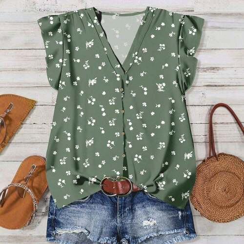 Boho Women Shirt Blue V Neck Regular Floral Print Ruffled