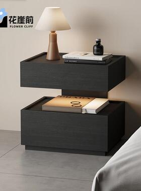 花崖前中古床头柜带灯一体悬浮式床边柜轻奢高级感卧室黑色收纳柜