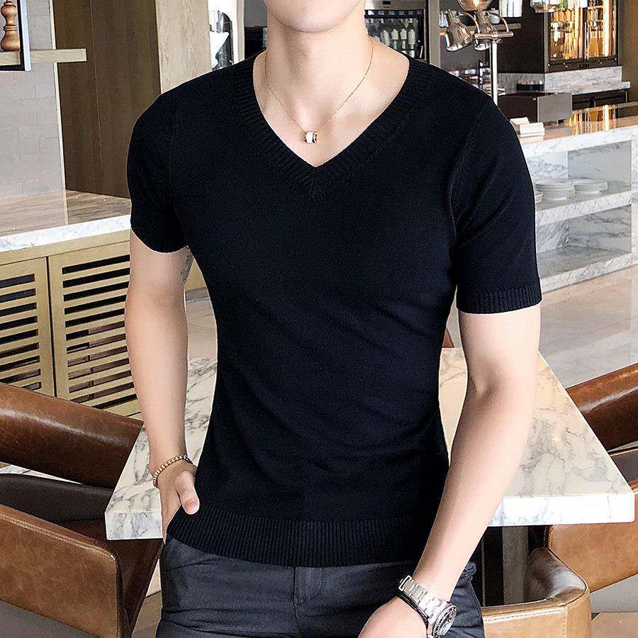 男装针织衫短袖t恤V领线衫纯色薄款毛衫T恤修身打底衫半袖毛线衣