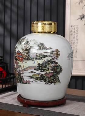景德镇陶瓷泡酒坛子10斤20斤30斤50斤装山水家用存酒密封酒缸酒罐