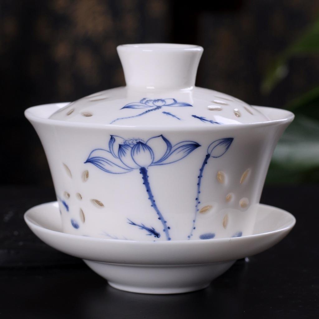 青花玲珑瓷盖碗 镂空透明陶瓷三才碗茶具
