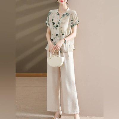 潮牌中年妈妈夏季2026新款套装雪纺小衫中老年女装短袖衬衫两件套