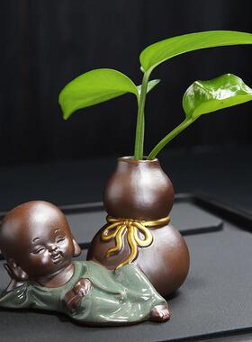 创意茶宠摆件小和尚花器茶桌花插花瓶陶瓷水培盆家居装饰品容器