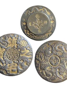 复古铜盘摆件古玩杂项黄铜龙凤盘子家居客厅装饰工艺品摆件碟子