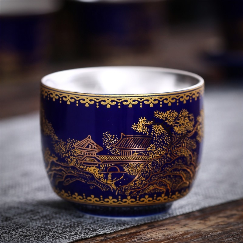 珐琅彩鎏银茶杯陶瓷家用品茗杯主人杯纯银单杯功夫茶具茶碗茶盏