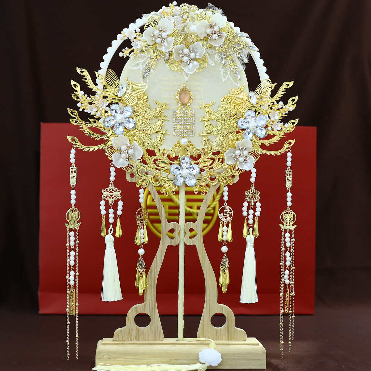 香槟色团扇新娘结婚成品手工喜扇秀禾服中式混流遮面扇子9029金