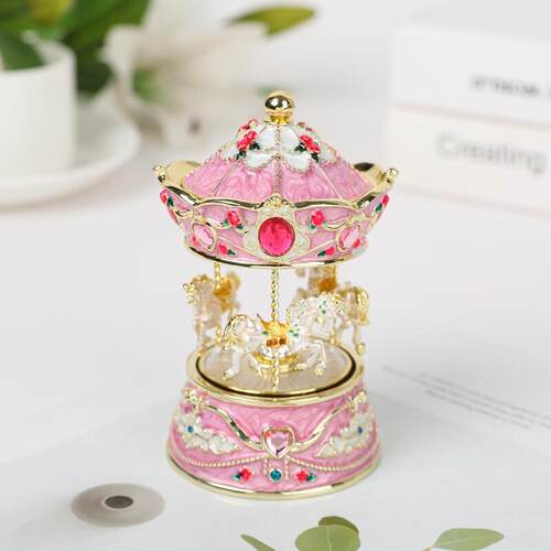 欧式旋转木马音乐盒珐琅彩金属八音盒天鹅湖生日礼物摆件婚庆礼品