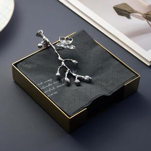 餐不锈钢纸巾座方形纸巾橘子花餐底收纳盒厅压酒店餐巾架餐桌创意