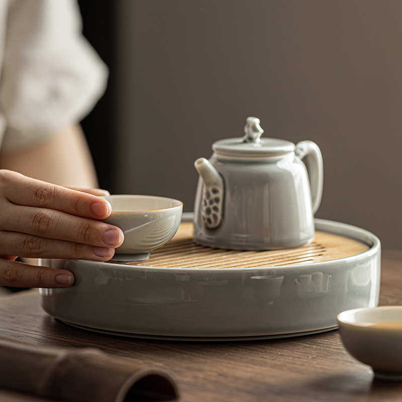 灰茶具泡陶瓷功夫草木茶盘简约盘釉冰茶家用茶托竹盘干圆形台面板