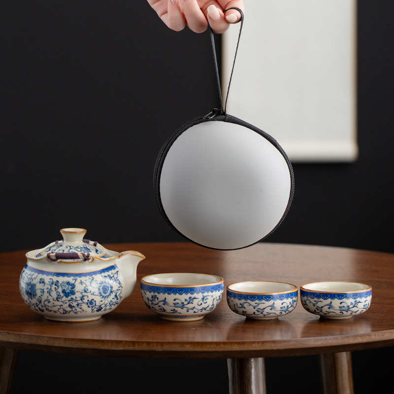 青花汝窑旅行茶具套装一壶三杯茶壶茶杯快客杯便携式包户外泡茶壶