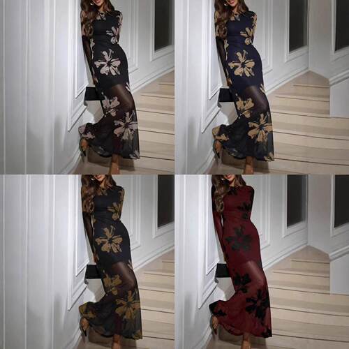 Women Floral Print Mesh Dress Sleeve Parties Holidays Guests