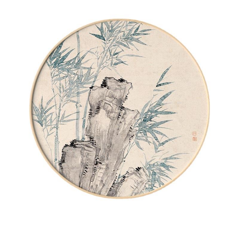 新中式实木圆形框风景画原木风客厅装饰画工装民宿挂画花鸟国画