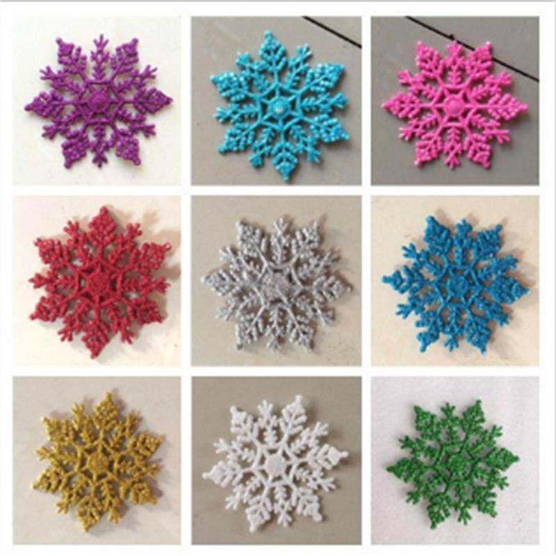 11cm彩色亮粉撒 圣诞雪花片室内塑料雪花装饰品一包12片厂家现货