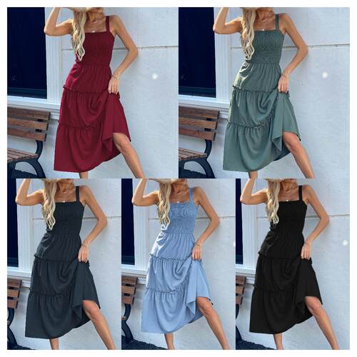 Women's Plain Frill Trim Shirred Tube Dress Casual