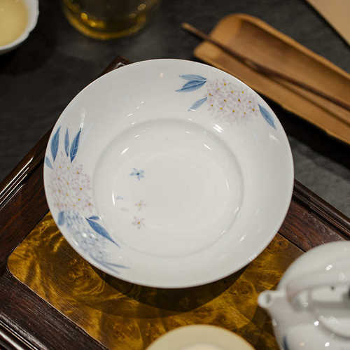 墨己玉泥白瓷手绘粉彩绣球花陶瓷壶承茶道配件团花干泡盘茶点盘