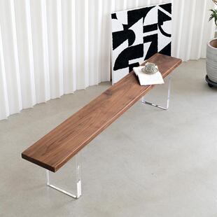简约北美黑胡桃原木直边长条大板凳亚克力支架实木餐厅茶桌长凳子