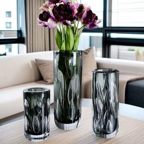 现代简约厚重烟灰色玻璃花瓶摆件样板间工艺品软装饰品干花插花器