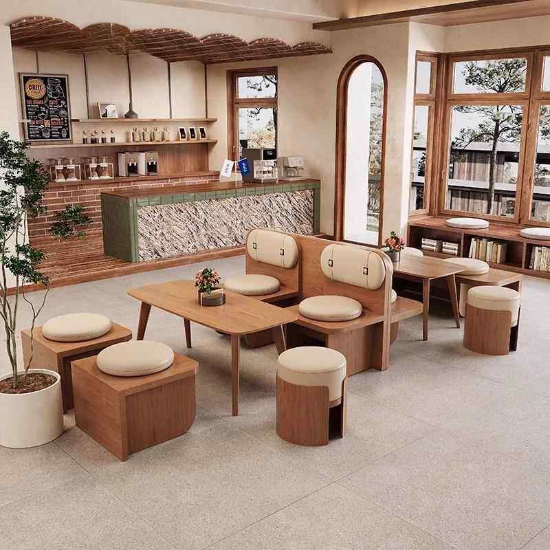 奶茶店桌椅组合沙发卡座咖啡厅餐桌商用酒吧餐饮茶楼靠墙实木座椅