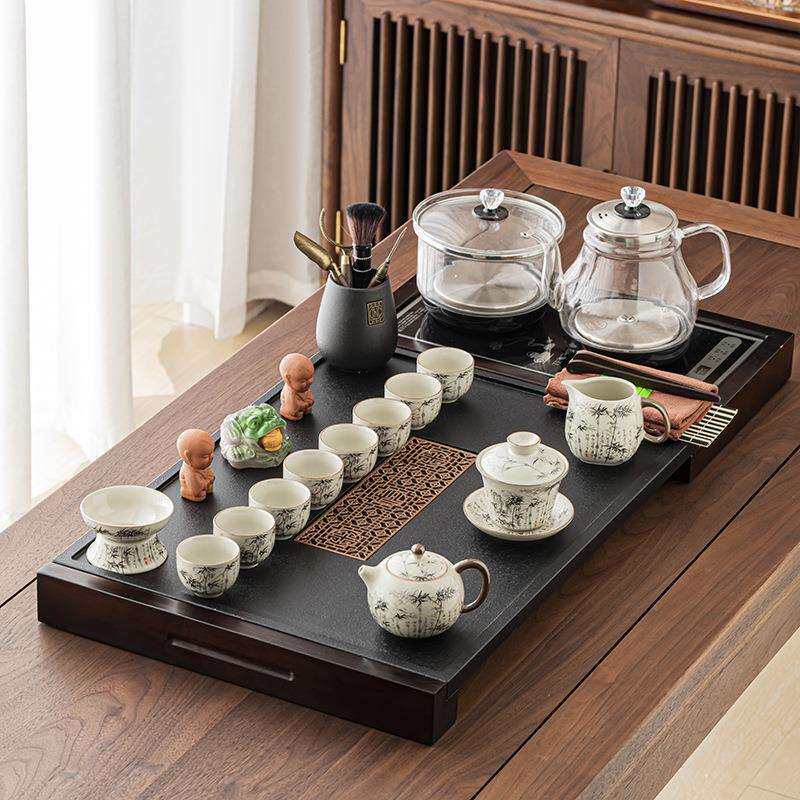 茶具套装家用一体茶台石材实木结合茶盘四合一玻璃烧水壶功夫泡茶