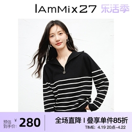 iammix27秋冬条纹套头毛衣女(毛衣女，)宽松休闲柔软绵羊毛海军领针织毛衫女