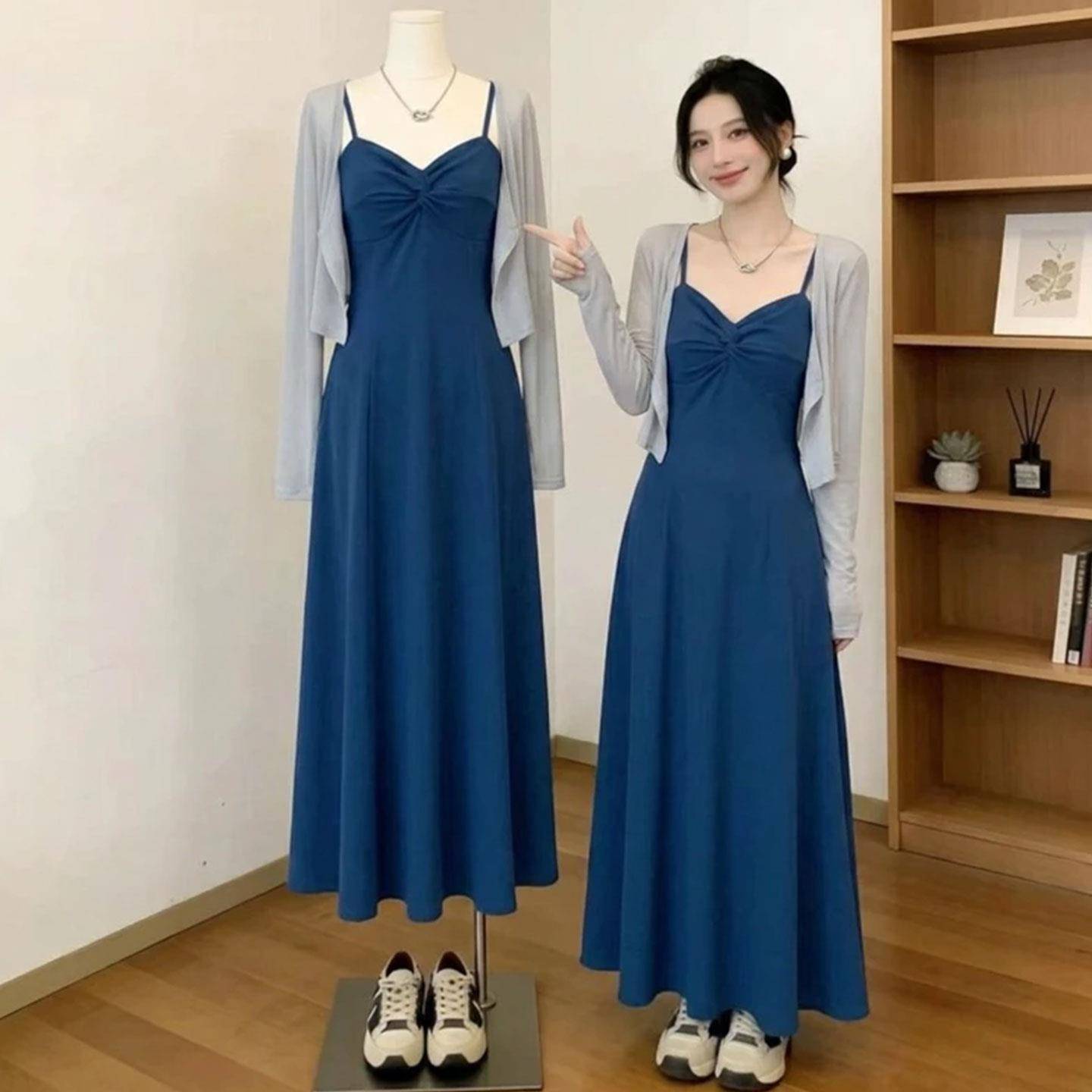 极速大码吊带连衣裙外搭防晒开衫两件套女初秋胖mm显瘦时尚百搭套