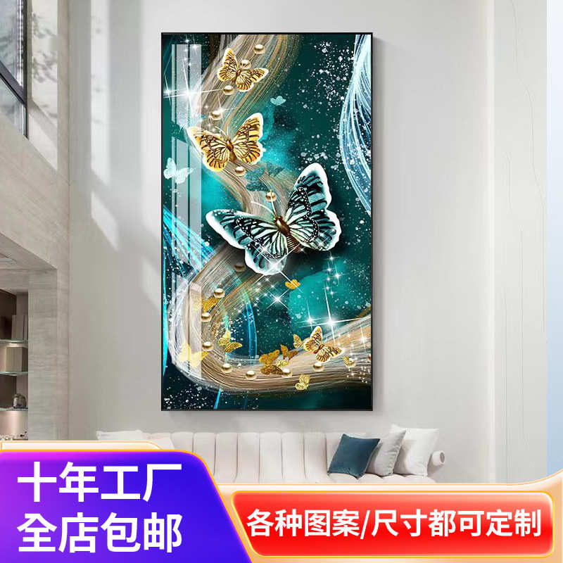 蝴蝶玄关挂画楼梯走廊入户壁画现代过道轻奢镶钻背景墙外贸装饰画图片