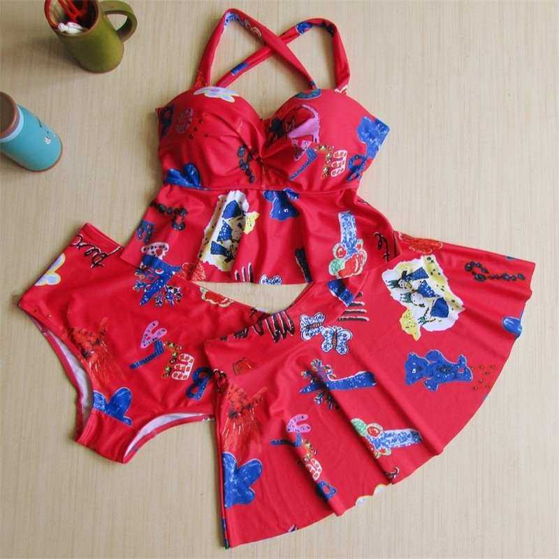 泳衣女三件套分体裙式大胸钢托聚拢保守遮肚显瘦温泉大码E杯泳装