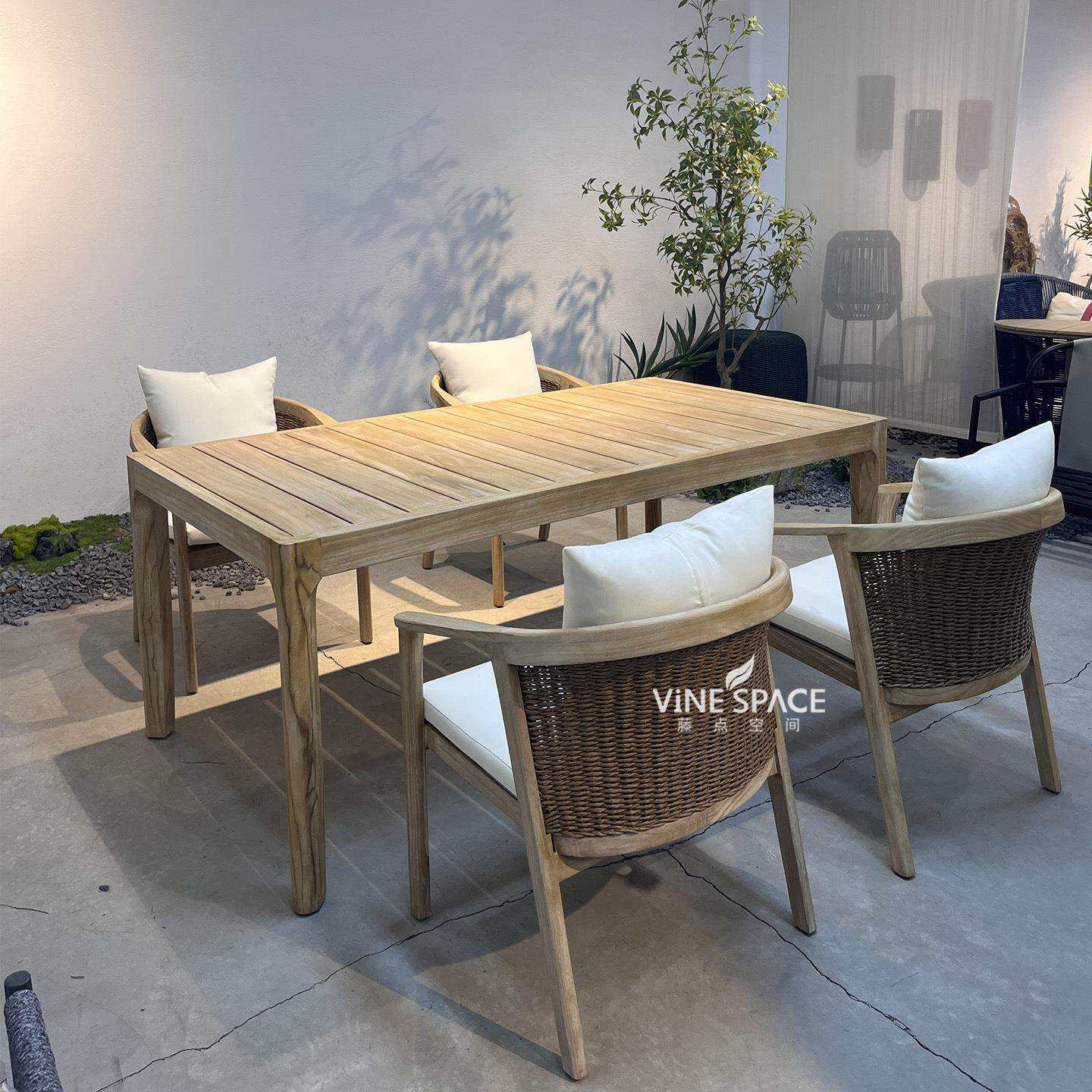 北欧户外柚木藤编桌椅组合阳台休闲做旧庭院室外家具实木民宿木制