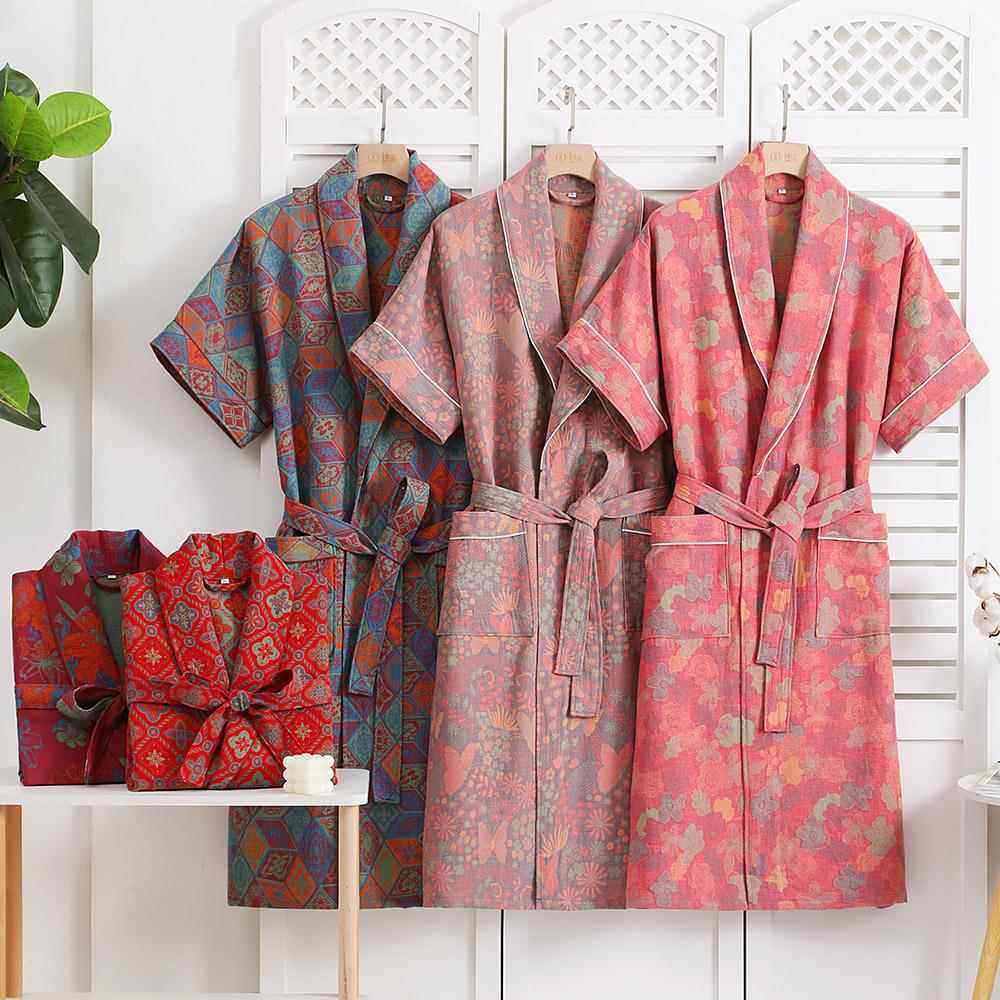 纯棉双夏层长纱浴袍季短袖翻0213012领中款侣浴衣情款家居服