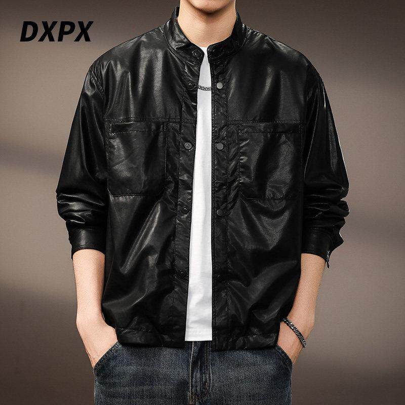 DXPX品牌专柜美式复古纯色皮衣外套男秋季潮流高街宽松飞行员夹克