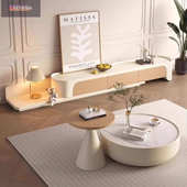 奶油风实木岩板茶几客厅家用原木色拉伸电视柜组合大小户型组合