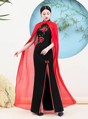 夏季薄款女外搭披肩外套斗篷式防晒长款红色复古单独披风不含旗袍