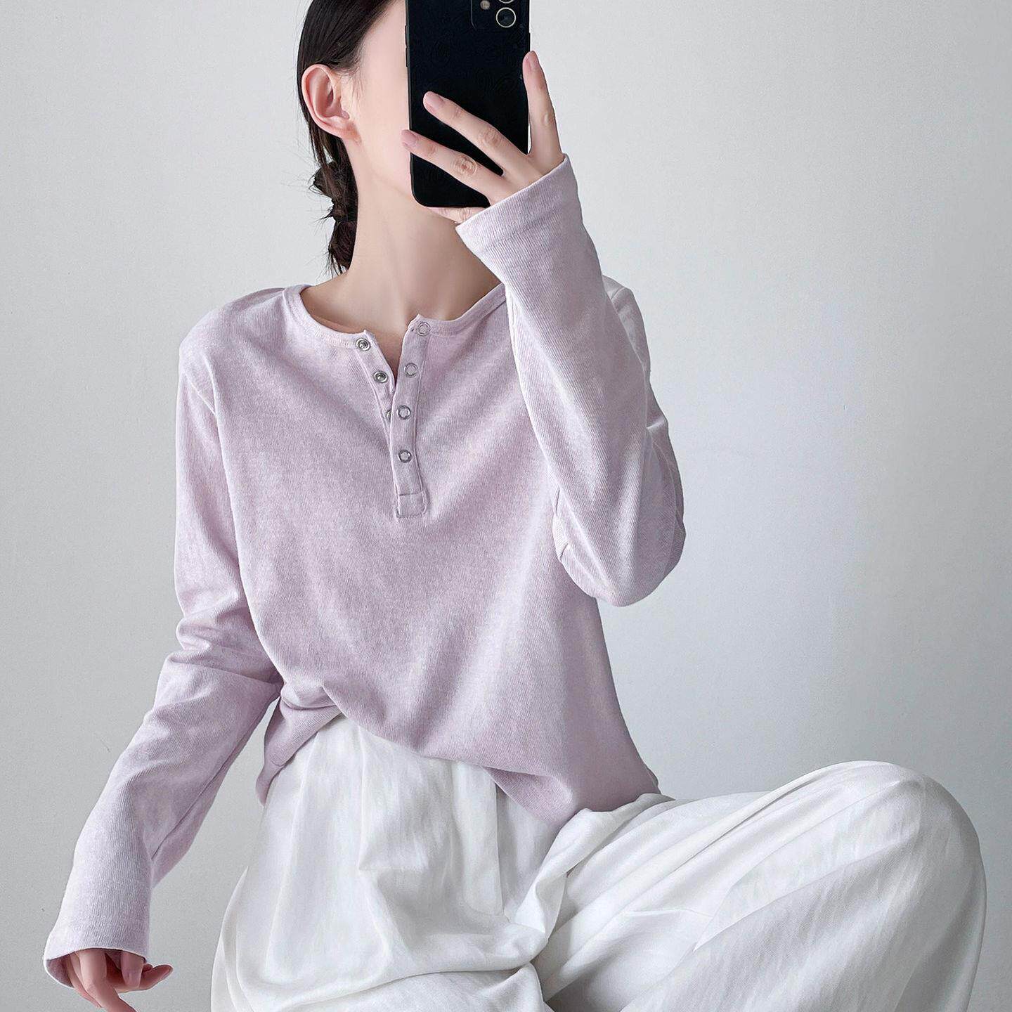 法国Rixo Kelly粉色享利领长袖t恤女高级感宽松竹节棉圆领打底衫