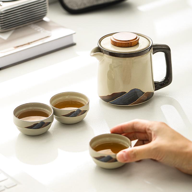 山山而川草木灰旅行茶具一壶三杯陶瓷杯便携快客杯户外旅游泡茶壶