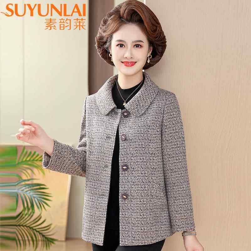 2025新品中老年妈妈春装毛呢外套50岁60洋派女装翻领夹克开衫上衣