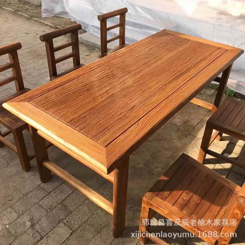 厂家源头供应老榆木餐桌风化纹理实木餐桌民宿农家乐田园实木餐桌