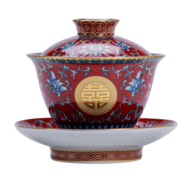 结婚珐琅彩改口敬茶杯套装创意喜杯陶瓷盖碗一对陪嫁茶具婚庆用品