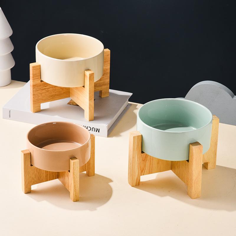 新款创意宠物陶瓷碗大号护颈黑色防打翻木架狗碗猫狗喂食圆形宠物