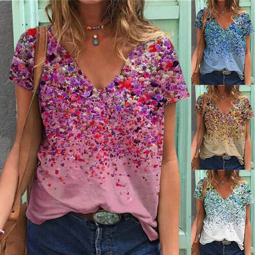 Women's collar floral print short sleeved top T-shirt for