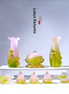 琉璃莲花花瓶供盘净水杯供具套装摆件佛具家居供奉用品佛堂中式