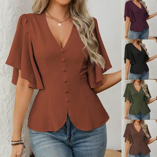 Women's V Neck Slim Fit Solid Color Butterfly Sleeve