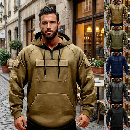 Warm patchwork multi pocket drawstring hooded sweatshirt