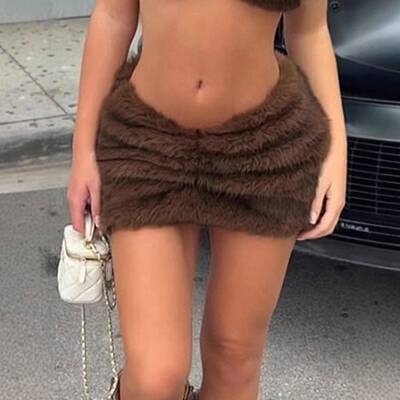 Women's Sexy Low Waist Faux Fur Ruched Bodycon Short