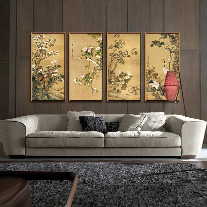 新中式客厅装饰画四联花鸟国画玄关竖版挂画山水沙发背景墙壁画